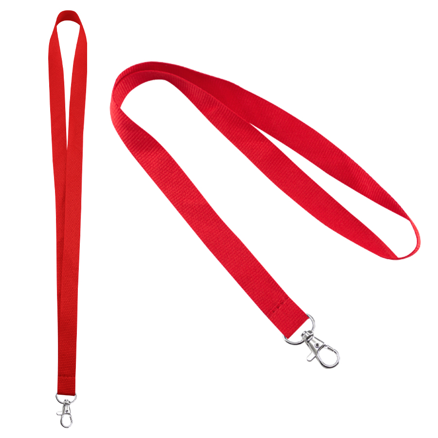 Lanyard rojo de tela con textura con gancho metálico para colgar porta credenciales.
