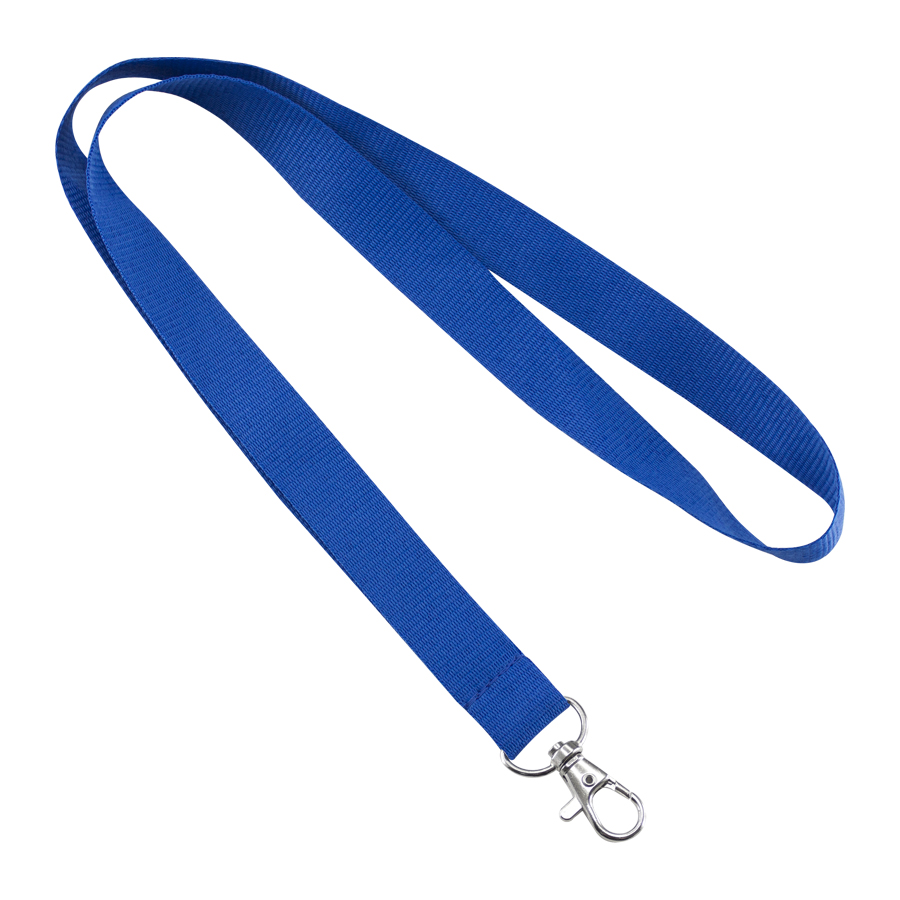 Lanyard azul de tela con textura con gancho metálico para colgar porta credenciales.
