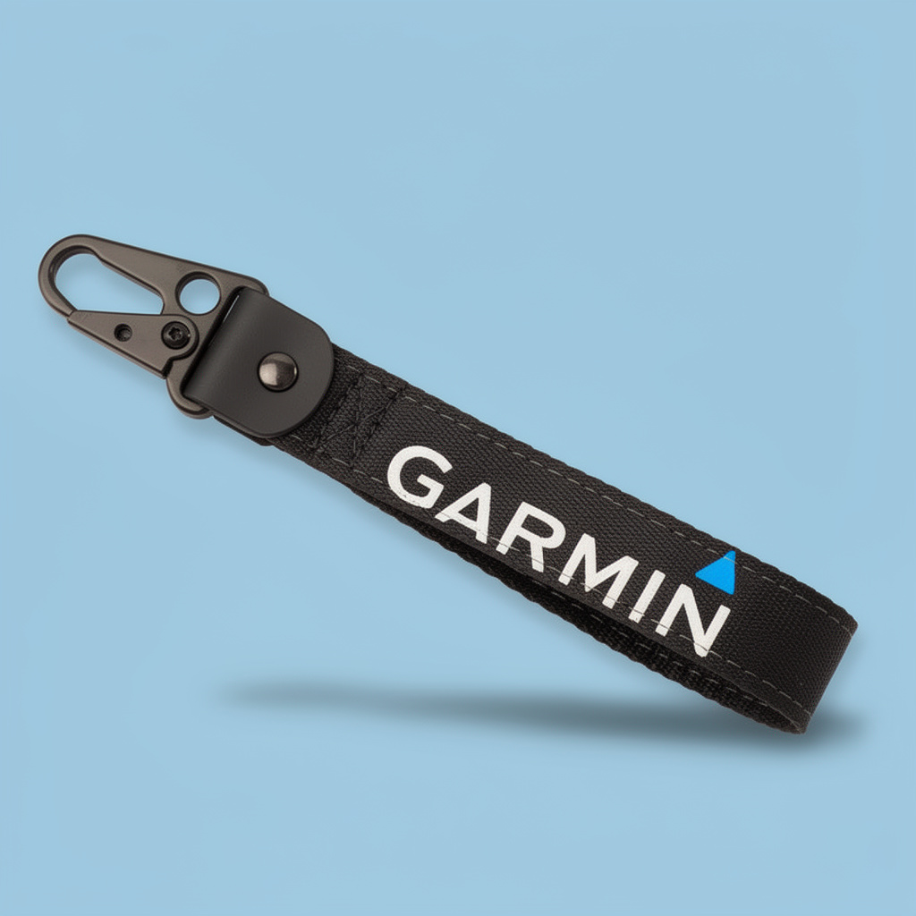 Cinta negra estampada con la palabra garmin, en un extremo un mosquetón táctico u olecranon