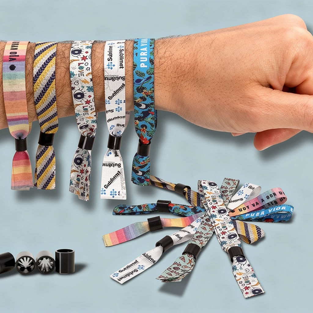 mano con 5 pulseras, otras pulseras sobre un fondo celeste y broches negros para pulseras