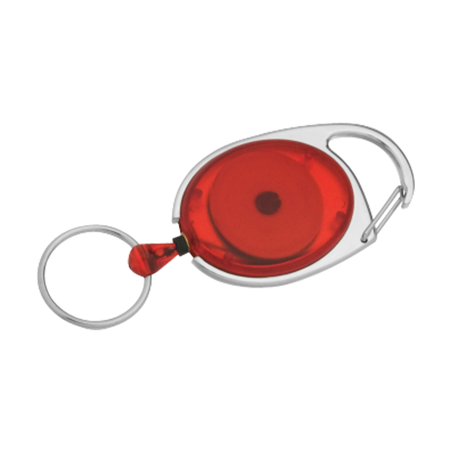 Llavero retráctil con cuerpo rojo y clip metálico para sujetar objetos.