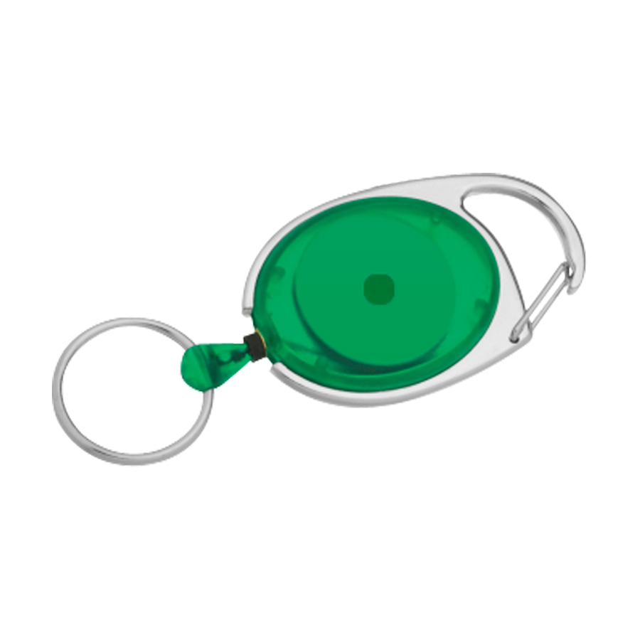 Llavero retráctil con cuerpo verde y clip metálico para sujetar objetos.