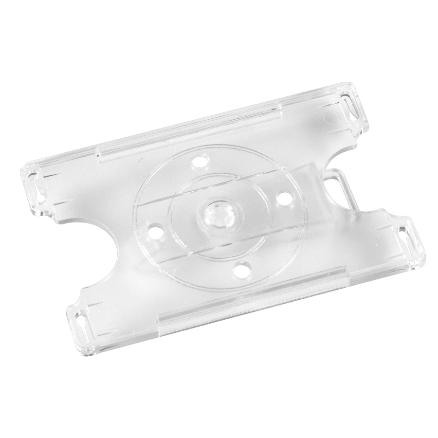 Soporte transparente de plástico con diseño rectangular y orificios circulares para portar credencial.