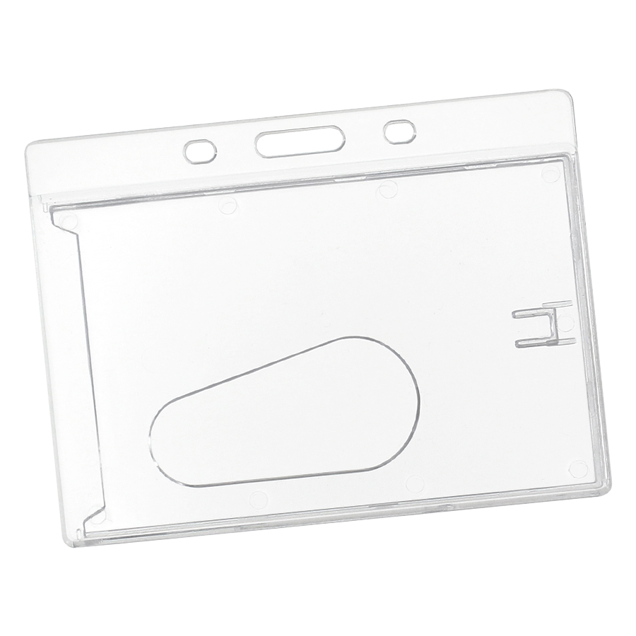 Porta credencial transparente de plástico con ranuras para sujetar y colgar identificaciones.