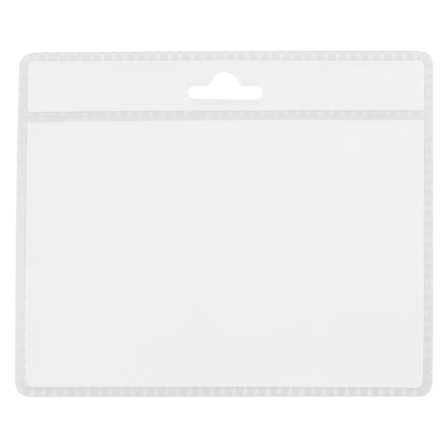 Porta credencial transparente de plástico con borde reforzado y ranura para colgar.