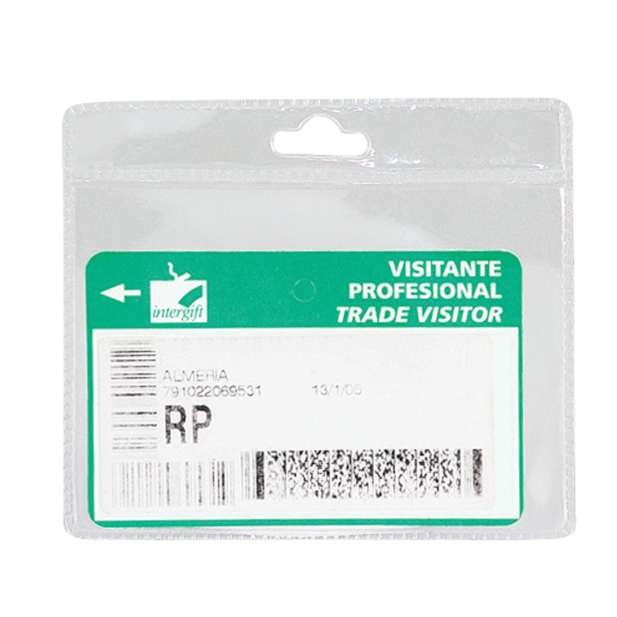 Tarjeta de visitante profesional con código de barras y texto en español e inglés dentro de porta credencial plástico transparente.
