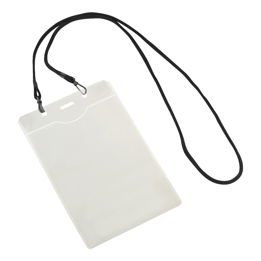 Porta credencial transparente con cordón negro para colgar en el cuello.
