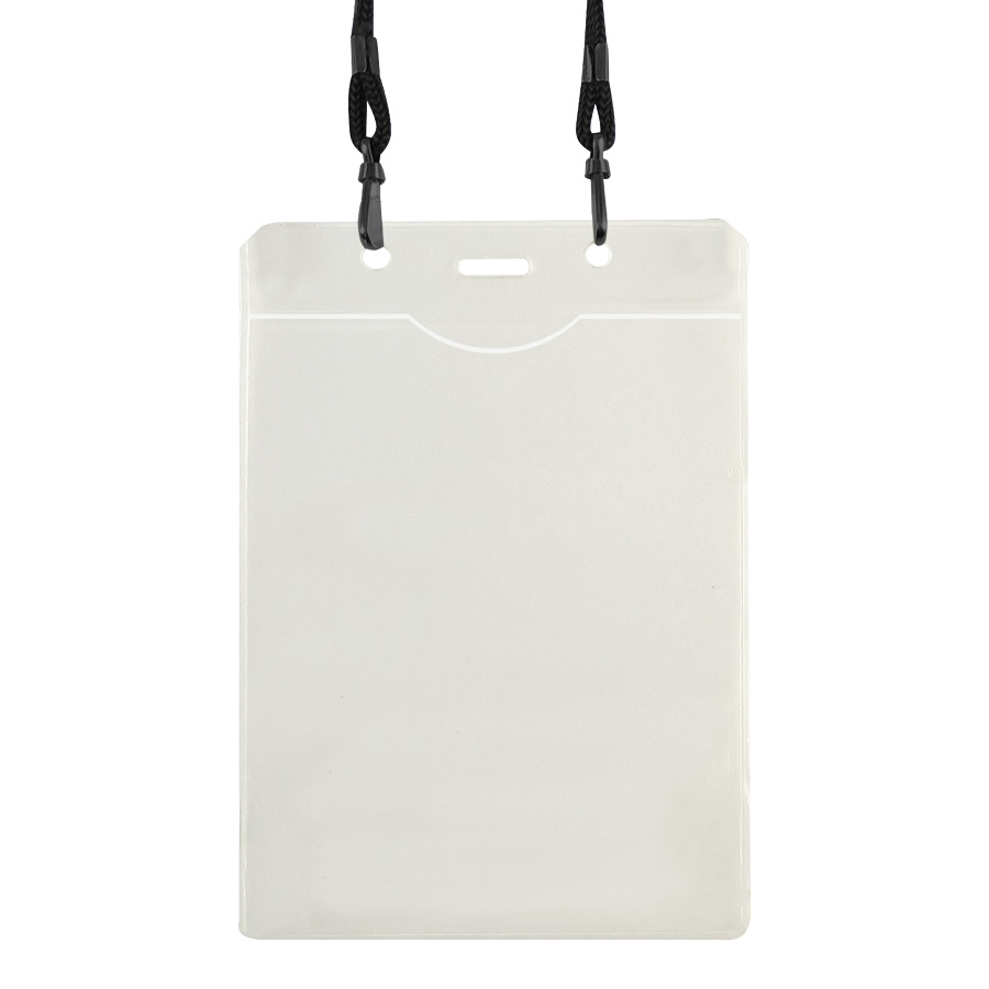 Porta credencial transparente con cordón negro para colgar en el cuello, se muestra una parte del cordon.