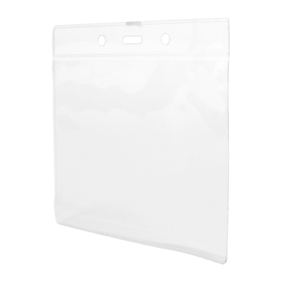 Bolsa plástica transparente con cierre y orificios para colgar documentos o identificaciones.
