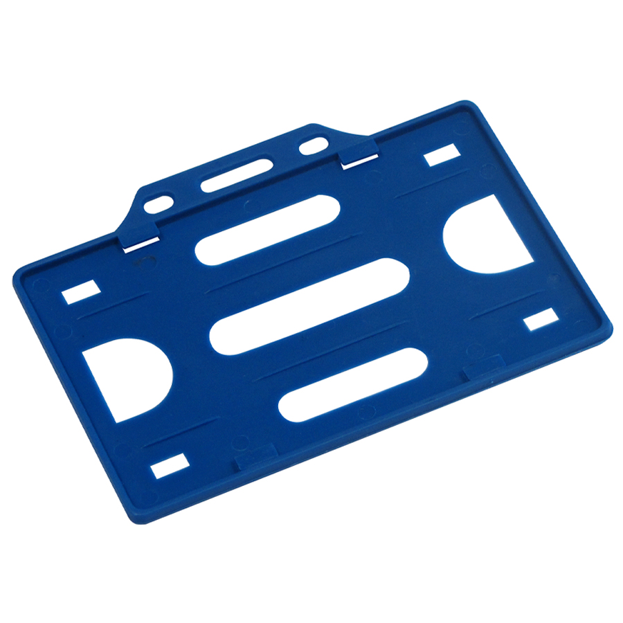 Soporte plástico azul para tarjetas de identificación con ranuras para sujetar y colgar.