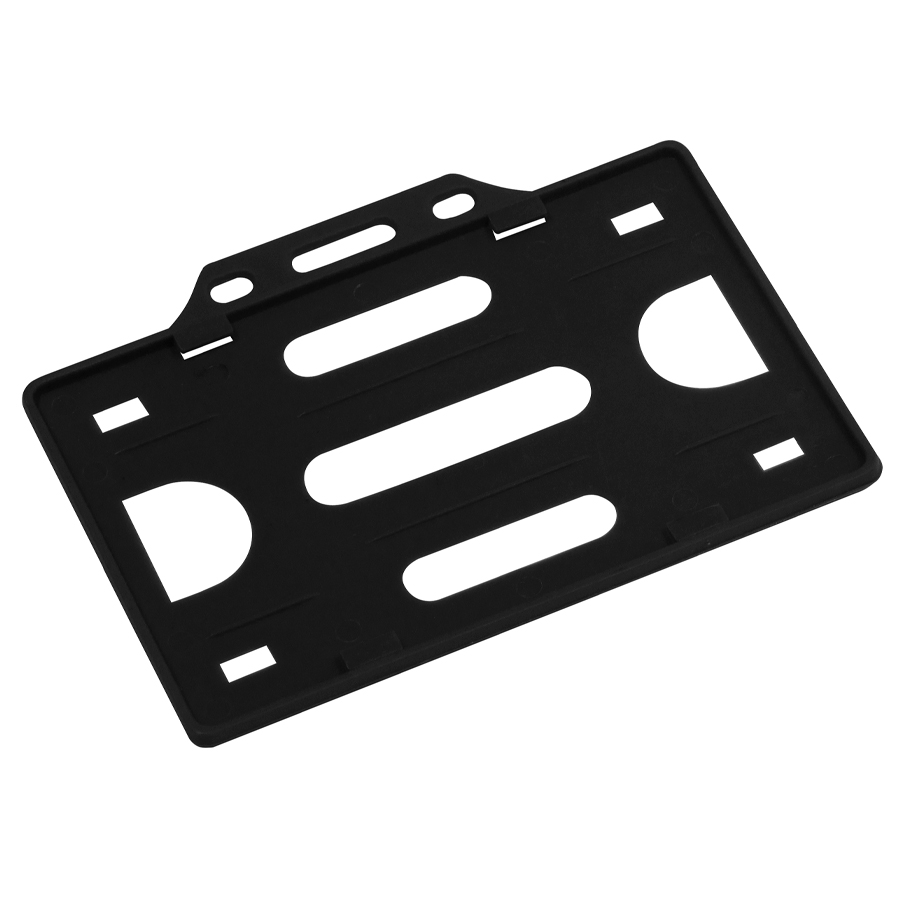 Soporte plástico negro para tarjetas de identificación con ranuras para sujetar y colgar.
