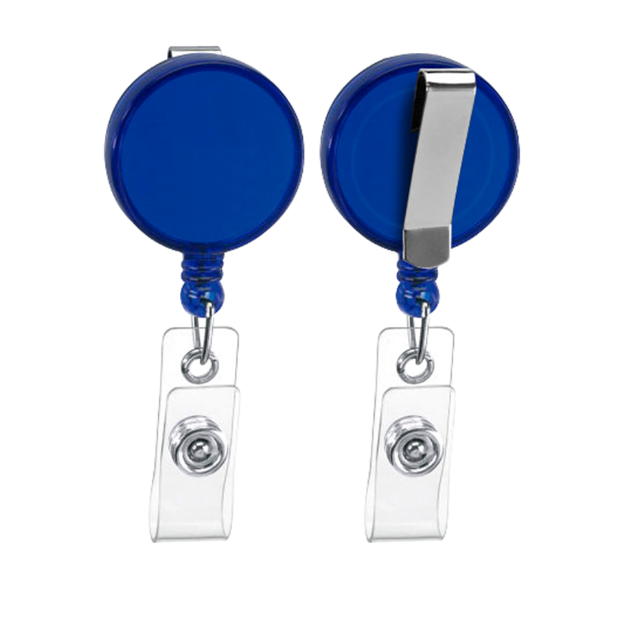 Dos porta credenciales tipo yo yo retráctiles con cuerpo azul y clip metálico, uno por frente y otro por el.
