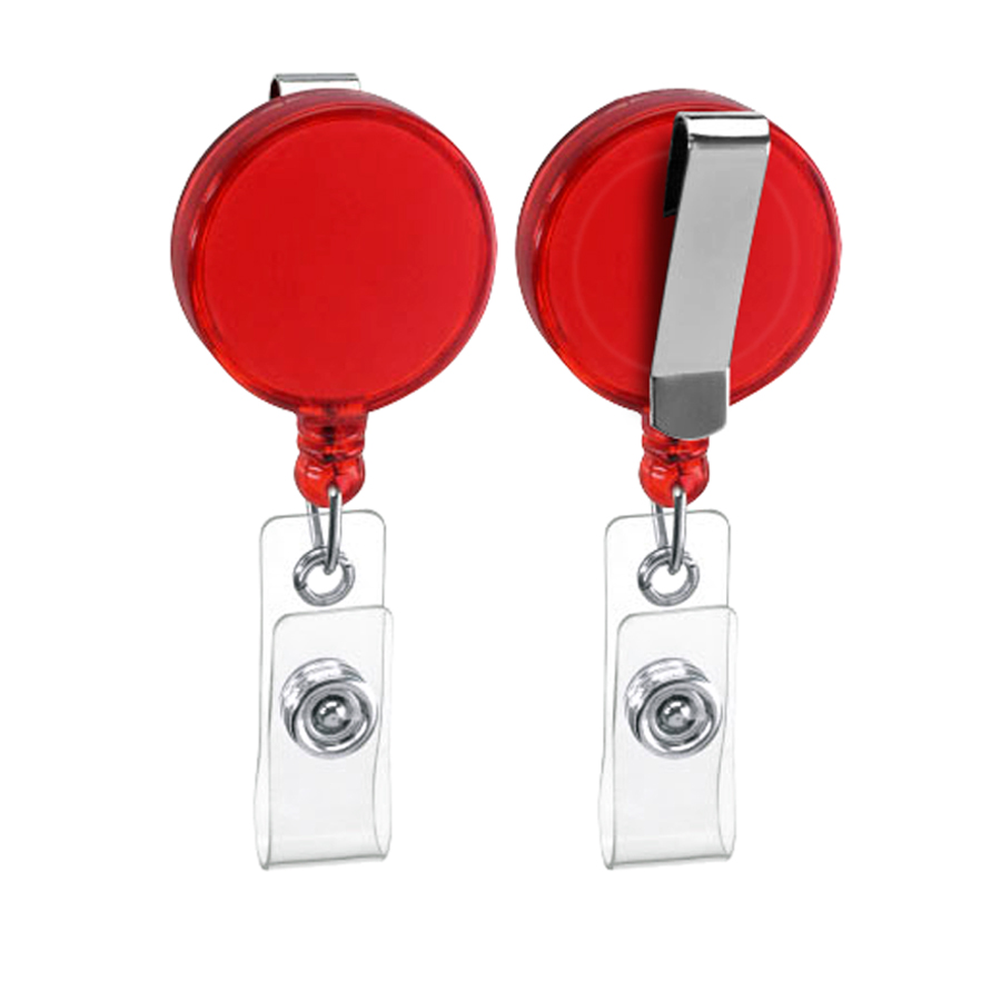 Dos porta credenciales tipo yo yo retráctiles con cuerpo rojo y clip metálico, uno por frente y otro por el.