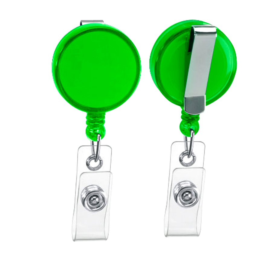 Dos porta credenciales tipo yo yo retráctiles con cuerpo verde y clip metálico, uno por frente y otro por el.